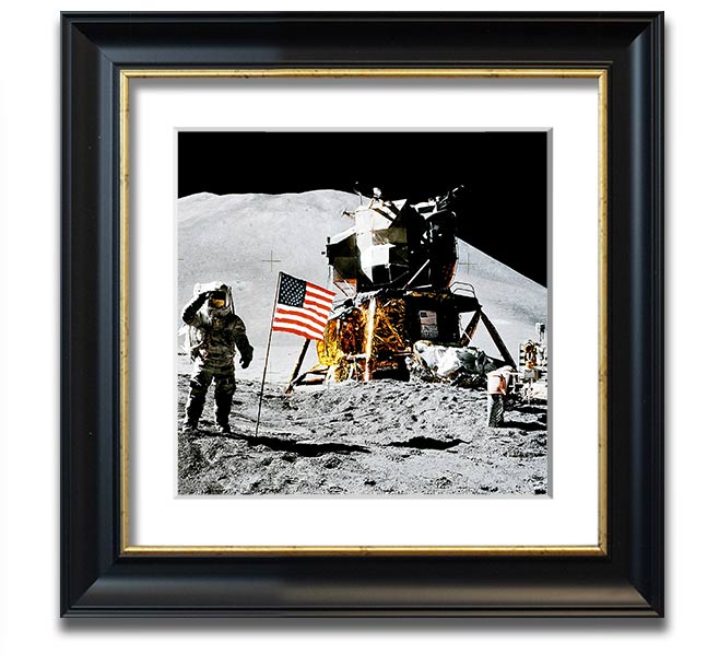 American Moon Landing Square Framed Print showcasing a historic space exploration scene, framed in a stylish square frame.