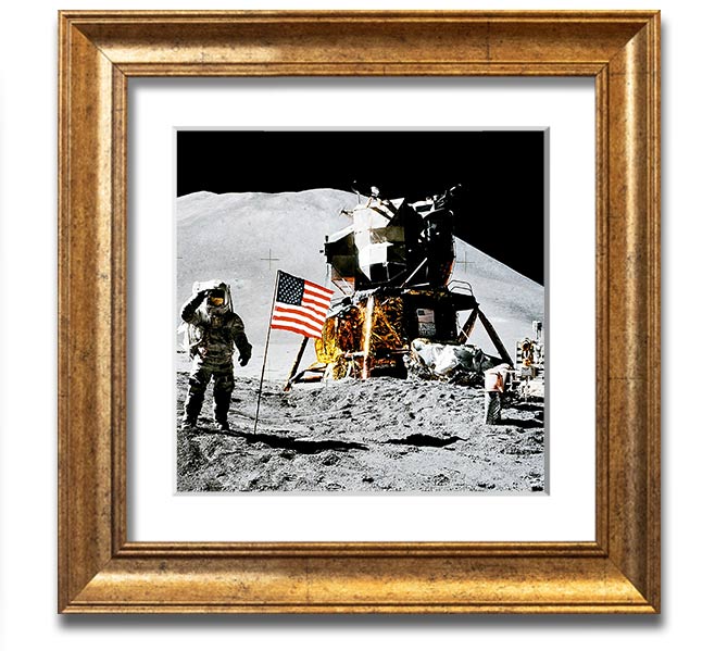 American Moon Landing Square Framed Print showcasing a historic space exploration scene, framed in a stylish square frame.