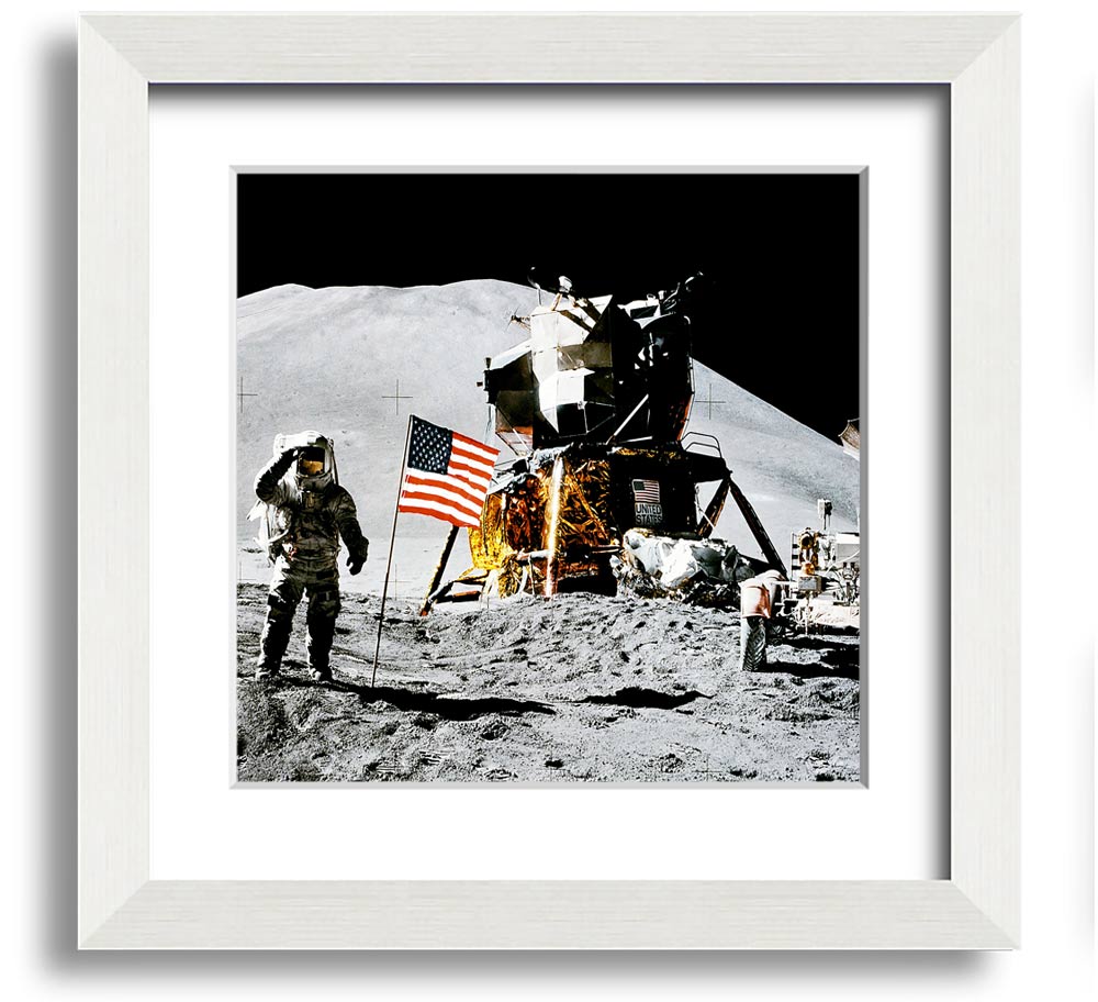 American Moon Landing Square Framed Print showcasing a historic space exploration scene, framed in a stylish square frame.