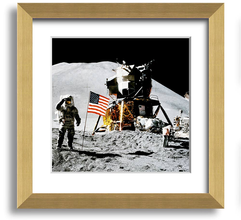 American Moon Landing Square Framed Print showcasing a historic space exploration scene, framed in a stylish square frame.