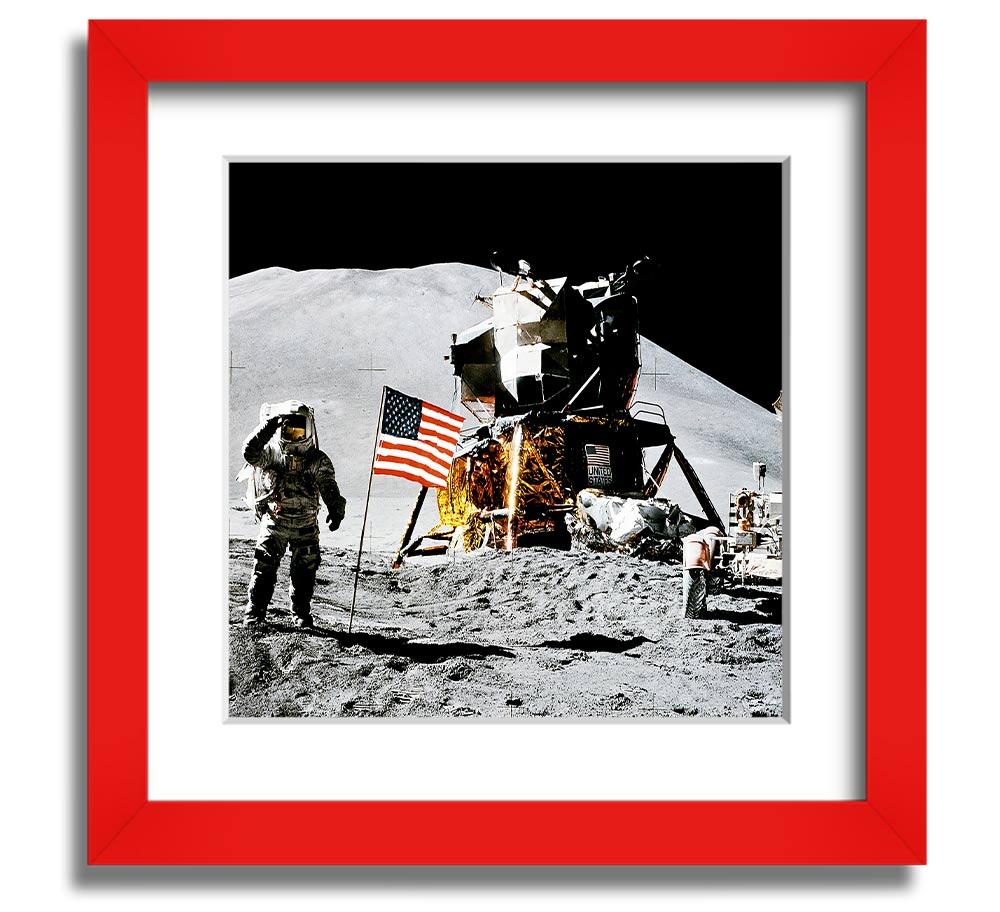 American Moon Landing Square Framed Print showcasing a historic space exploration scene, framed in a stylish square frame.