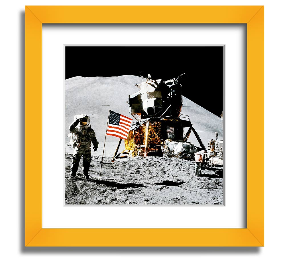 American Moon Landing Square Framed Print showcasing a historic space exploration scene, framed in a stylish square frame.