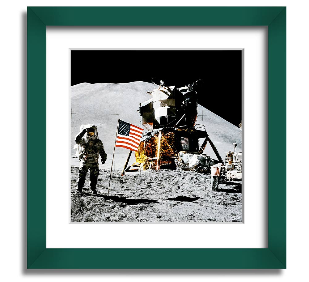 American Moon Landing Square Framed Print showcasing a historic space exploration scene, framed in a stylish square frame.