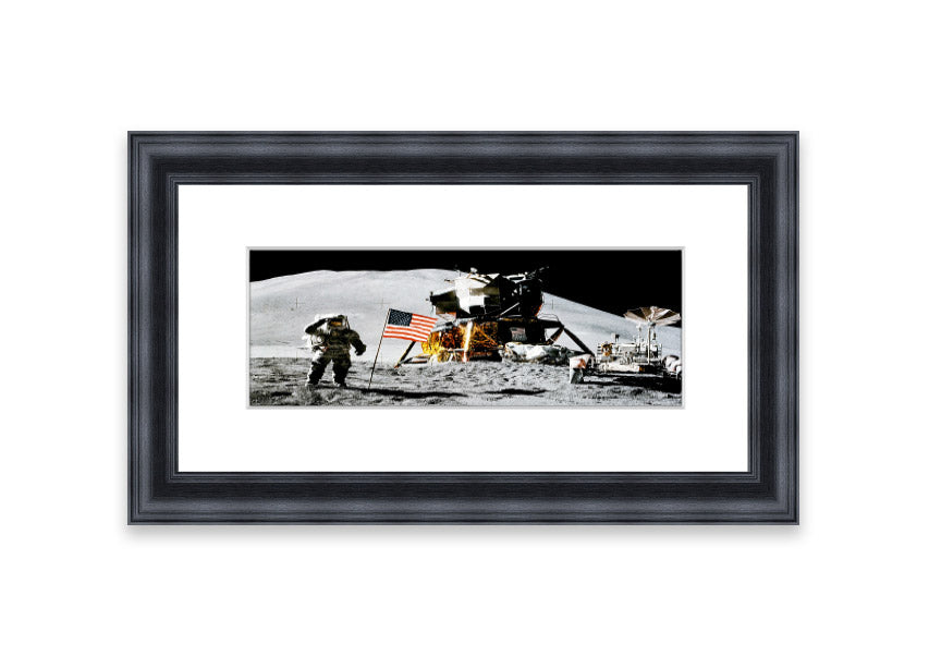 Framed print of the American Moon Landing, showcasing vibrant colors and intricate details, ready to hang on the wall.