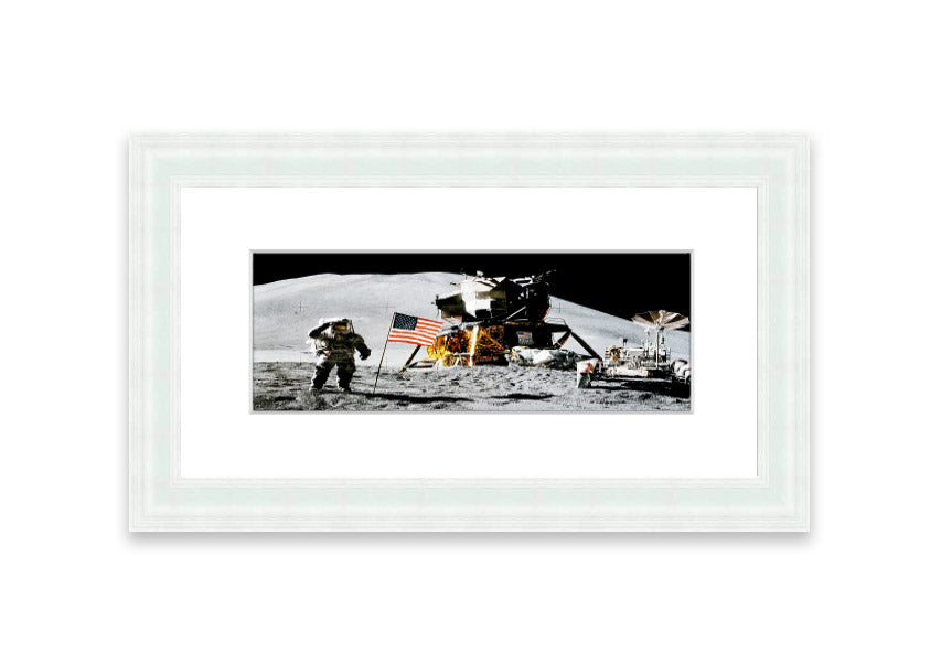 Framed print of the American Moon Landing, showcasing vibrant colors and intricate details, ready to hang on the wall.