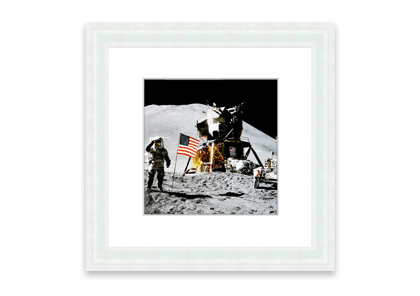 Framed print of the American Moon Landing, showcasing vibrant colors and intricate details, ready to hang on the wall.