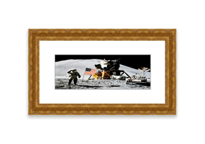 Framed print of the American Moon Landing, showcasing vibrant colors and intricate details, ready to hang on the wall.