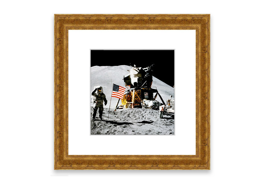 Framed print of the American Moon Landing, showcasing vibrant colors and intricate details, ready to hang on the wall.