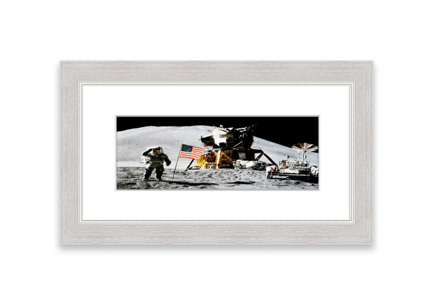 Framed print of the American Moon Landing, showcasing vibrant colors and intricate details, ready to hang on the wall.