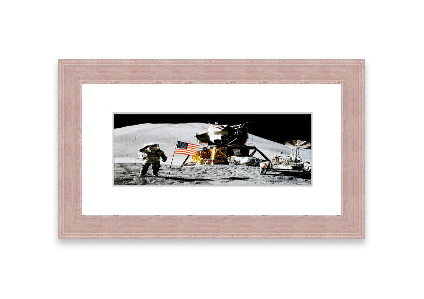 Framed print of the American Moon Landing, showcasing vibrant colors and intricate details, ready to hang on the wall.