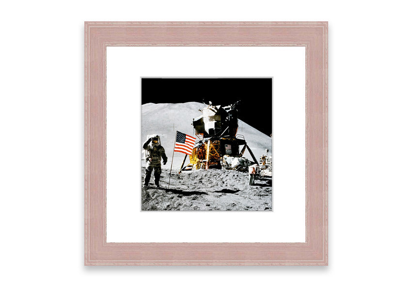 Framed print of the American Moon Landing, showcasing vibrant colors and intricate details, ready to hang on the wall.