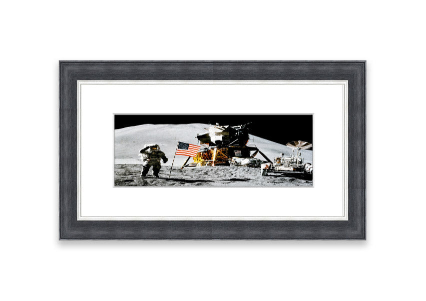 Framed print of the American Moon Landing, showcasing vibrant colors and intricate details, ready to hang on the wall.