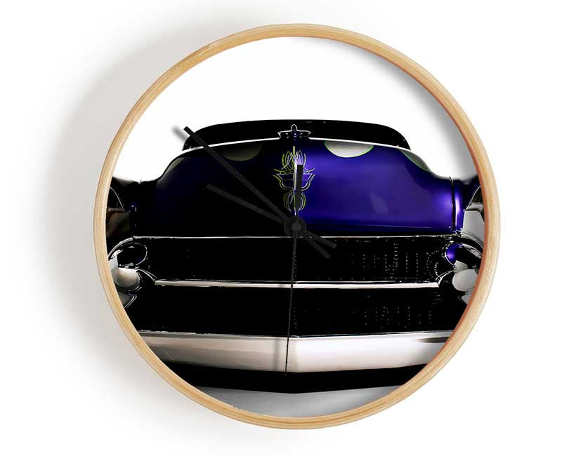 American Muscle Car Purple clock made from natural bamboo with a vibrant purple design and clear Plexiglas lens.