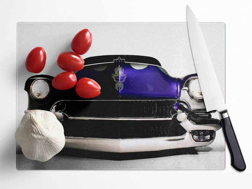 American Muscle Car Purple chopping board made of tempered glass with chinchilla ripple effect and anti-slip feet.