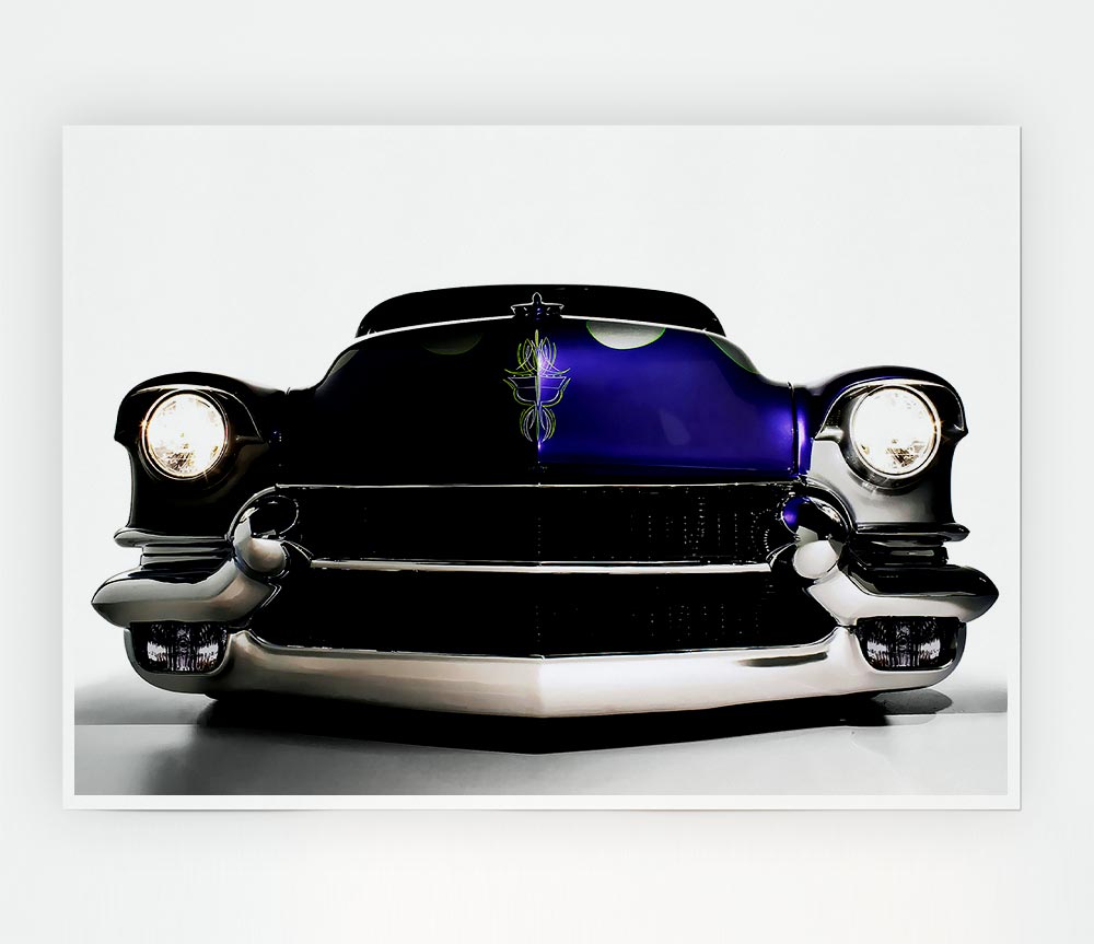 A vibrant purple poster of an American muscle car printed on high-quality canvas, showcasing its sleek design and powerful presence.