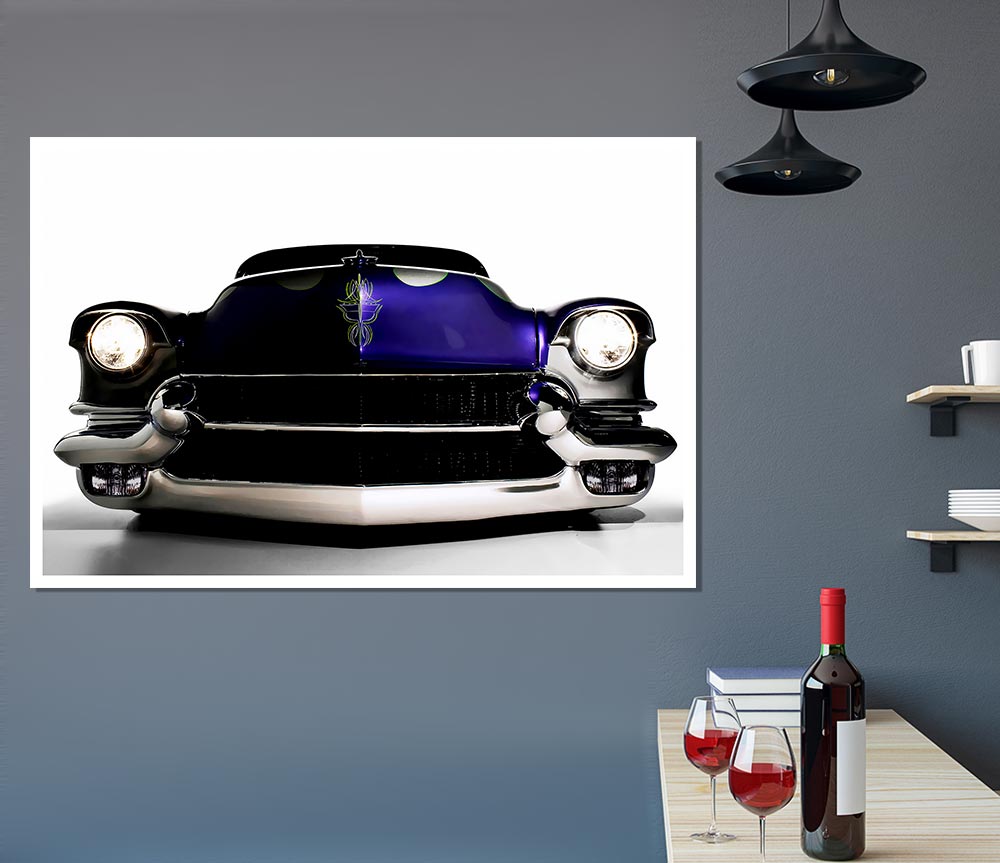 A vibrant purple poster of an American muscle car printed on high-quality canvas, showcasing its sleek design and powerful presence.