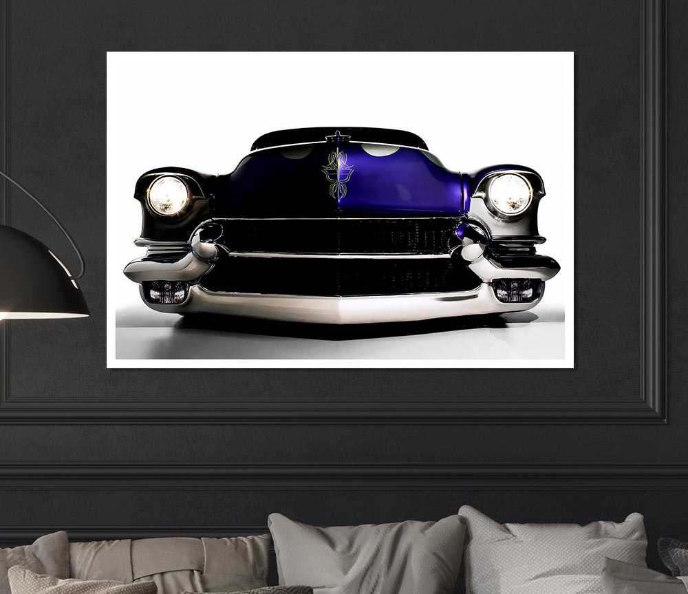 A vibrant purple poster of an American muscle car printed on high-quality canvas, showcasing its sleek design and powerful presence.