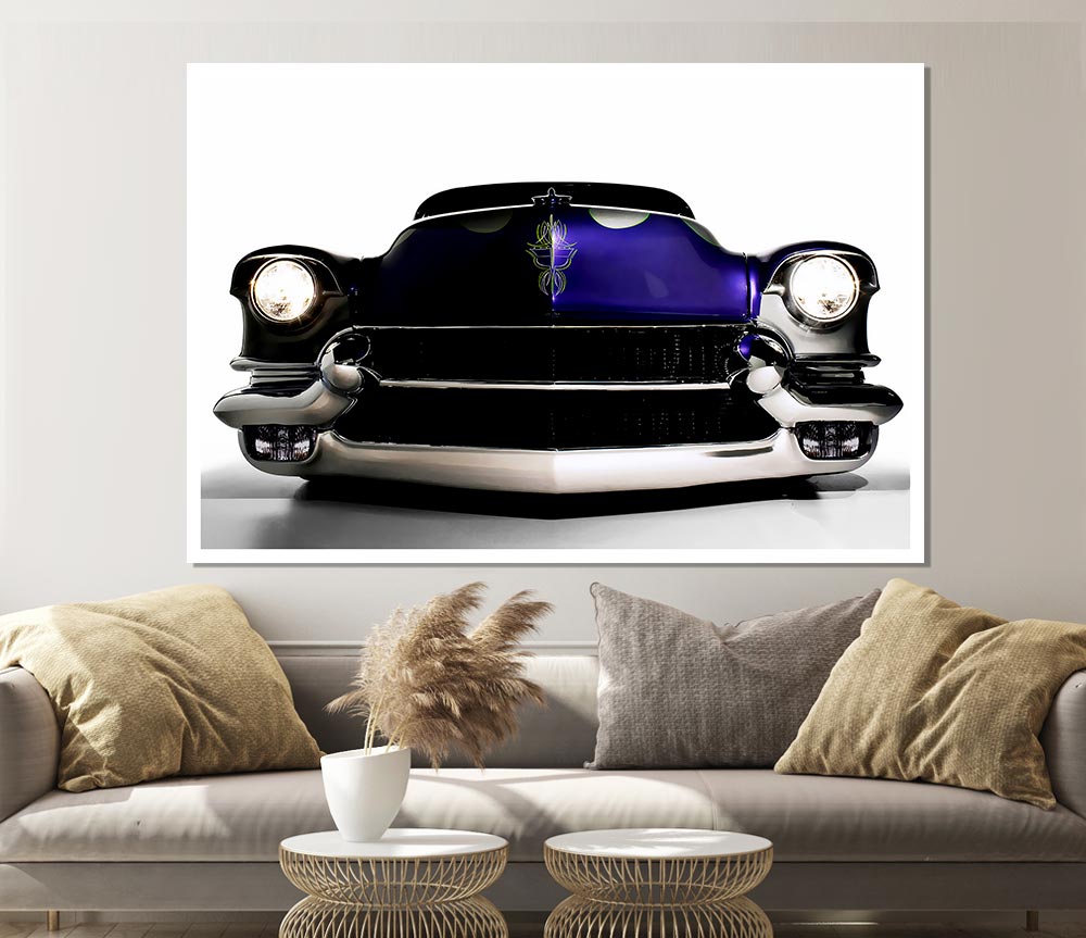 A vibrant purple poster of an American muscle car printed on high-quality canvas, showcasing its sleek design and powerful presence.