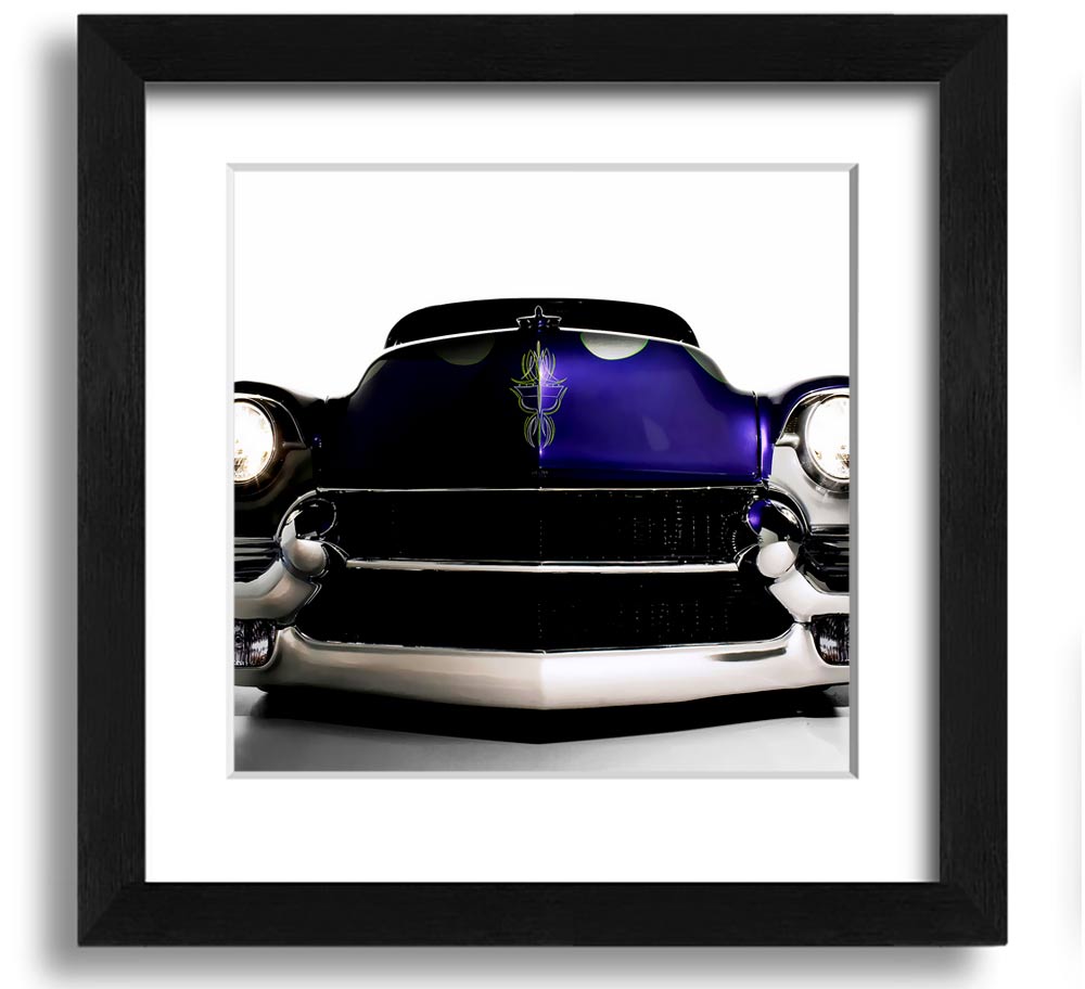 A vibrant purple framed print of an American muscle car, showcasing its sleek design and powerful presence.