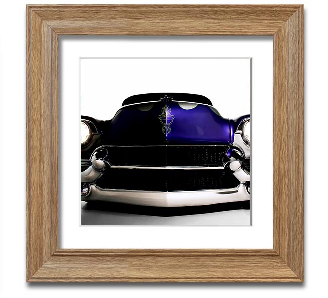 A vibrant purple framed print of an American muscle car, showcasing its sleek design and powerful presence.