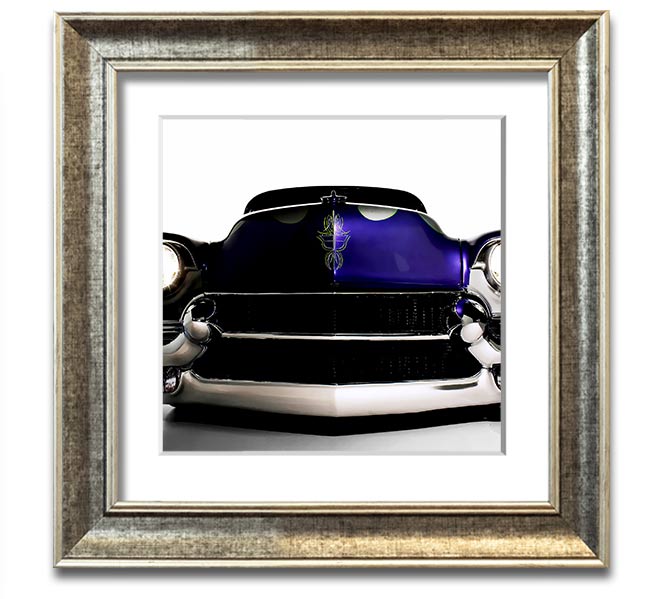 A vibrant purple framed print of an American muscle car, showcasing its sleek design and powerful presence.