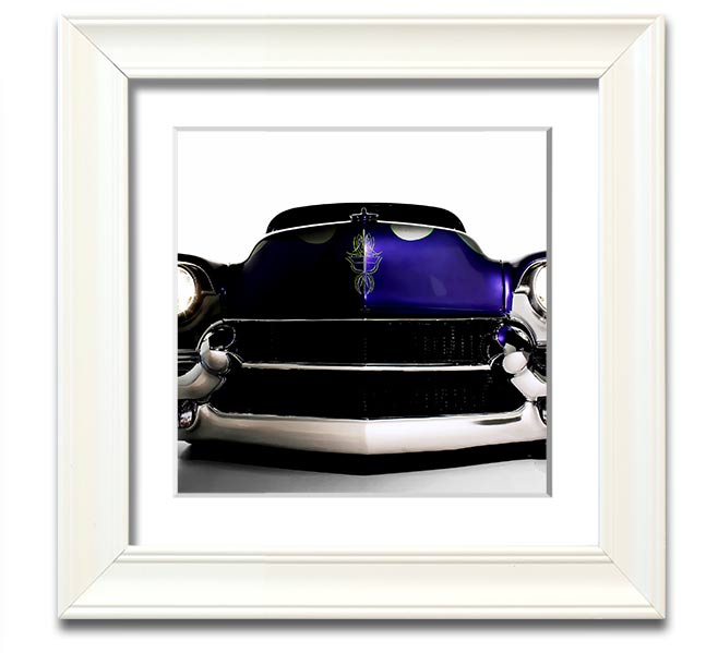 A vibrant purple framed print of an American muscle car, showcasing its sleek design and powerful presence.