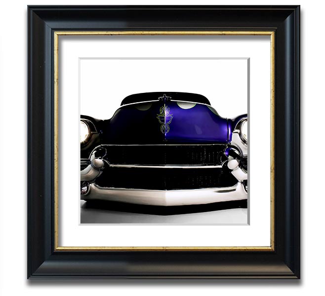 A vibrant purple framed print of an American muscle car, showcasing its sleek design and powerful presence.