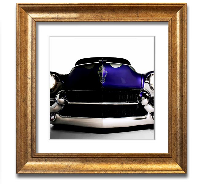 A vibrant purple framed print of an American muscle car, showcasing its sleek design and powerful presence.