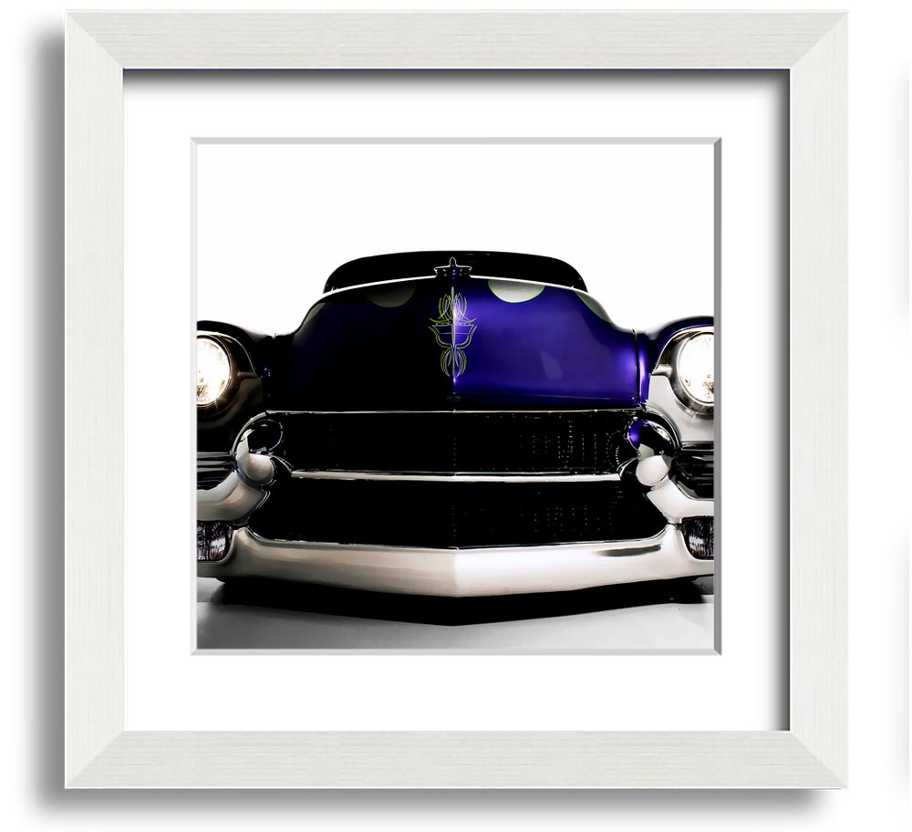 A vibrant purple framed print of an American muscle car, showcasing its sleek design and powerful presence.