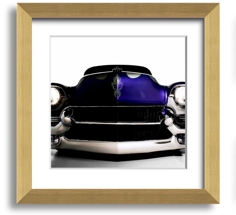 A vibrant purple framed print of an American muscle car, showcasing its sleek design and powerful presence.