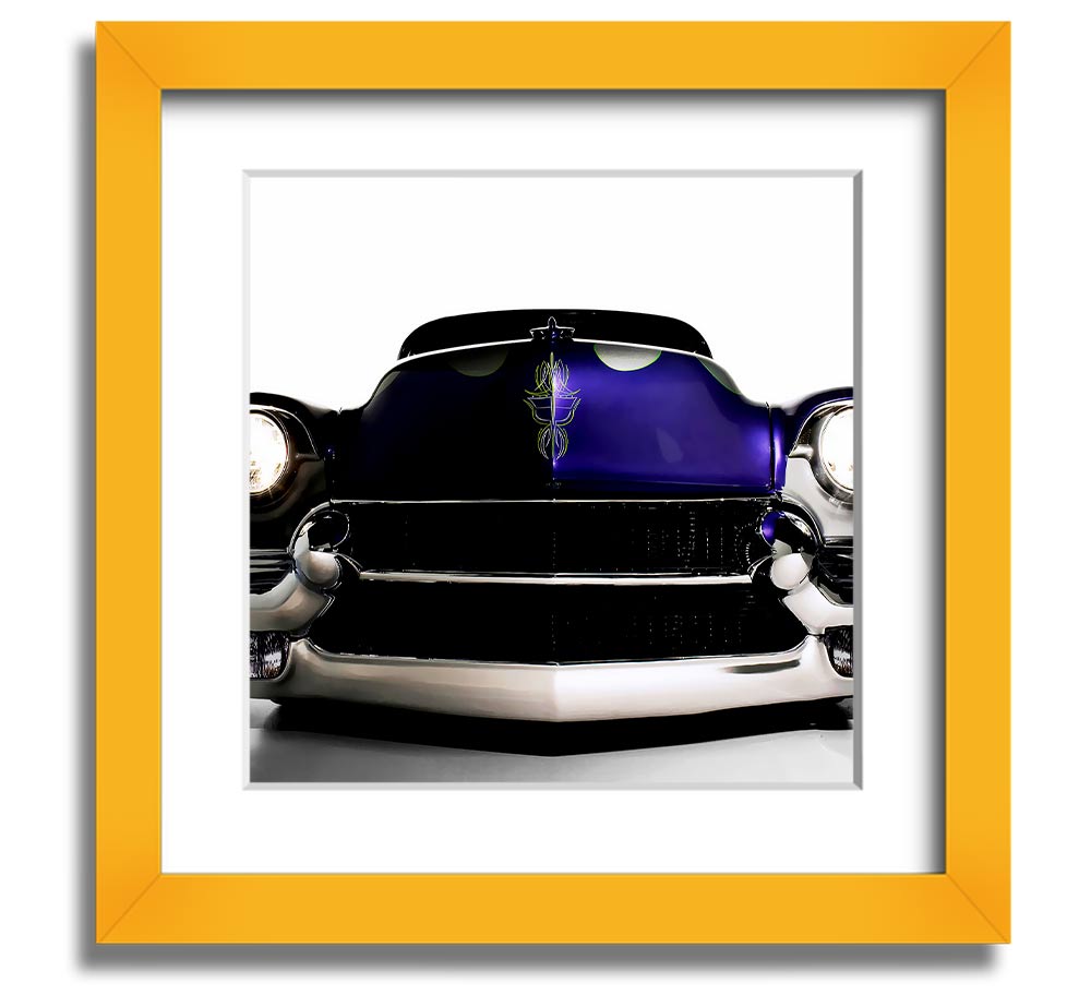 A vibrant purple framed print of an American muscle car, showcasing its sleek design and powerful presence.