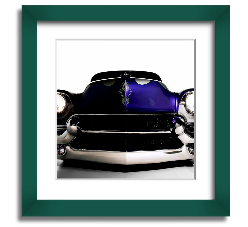 A vibrant purple framed print of an American muscle car, showcasing its sleek design and powerful presence.