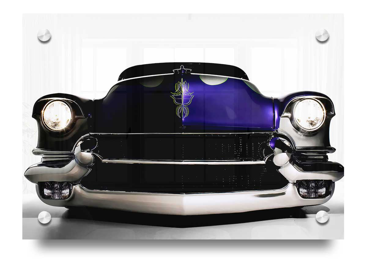 Vibrant purple acrylic print of an American muscle car, showcasing its sleek design and glossy finish.