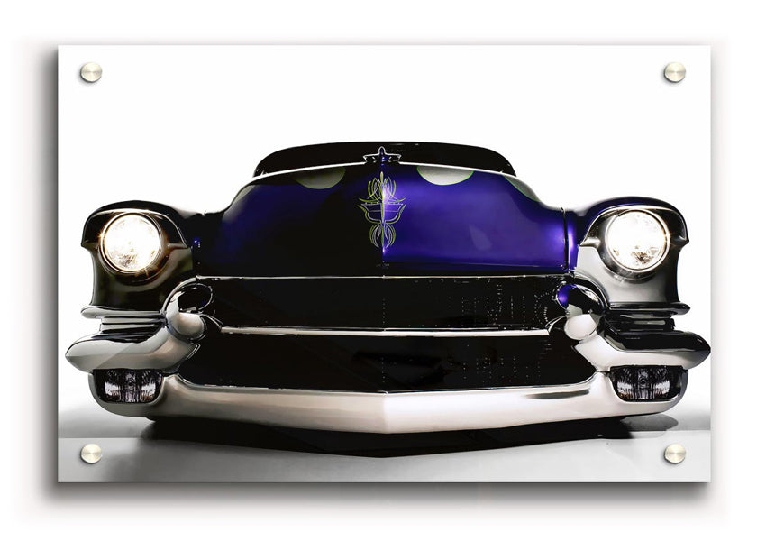 Vibrant purple acrylic print of an American muscle car, showcasing its sleek design and glossy finish.