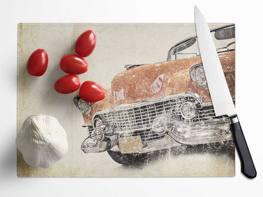 A vibrant watercolour chopping board featuring classic American muscle car designs, made from durable tempered glass with an anti-slip base.