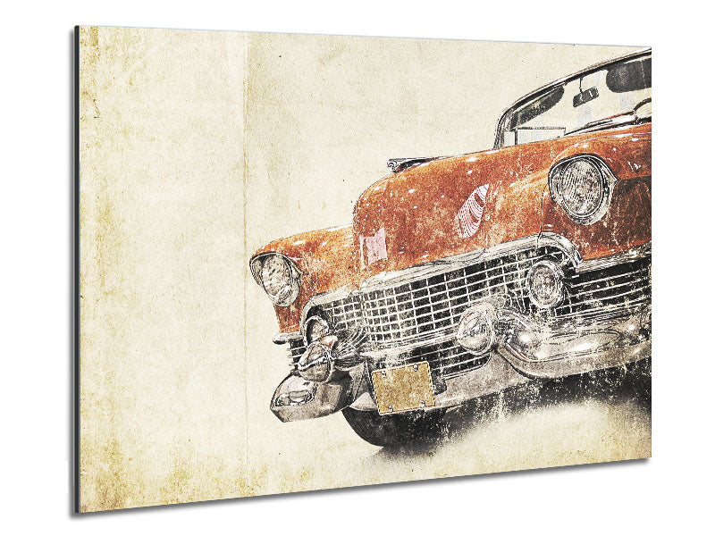 A vibrant watercolour artwork of an American muscle car printed on brushed aluminium dibond, showcasing dynamic colors and modern design.