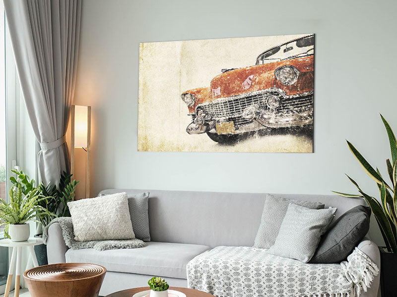 A vibrant watercolour artwork of an American muscle car printed on brushed aluminium dibond, showcasing dynamic colors and modern design.