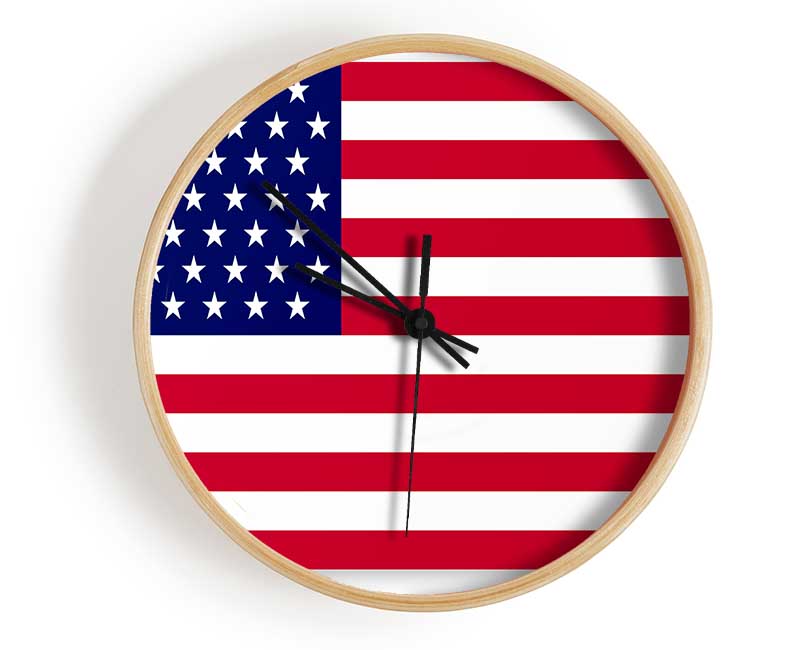 American Star clock made from natural bamboo with a round face, available in black, white, and natural frame colors.