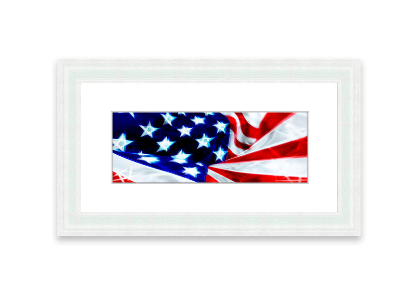 Framed print of the American Stars And Stripes flag, handmade in the UK, showcasing vibrant colors and available in various frame options.