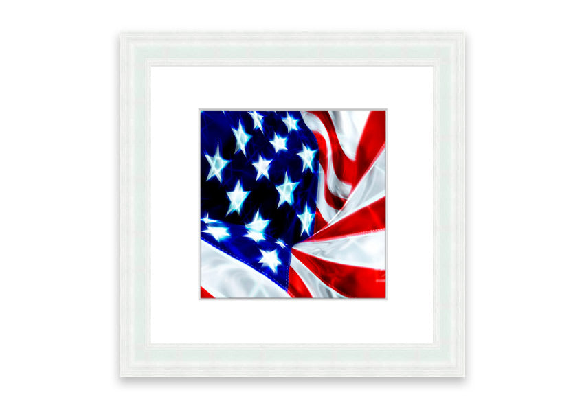 Framed print of the American Stars And Stripes flag, handmade in the UK, showcasing vibrant colors and available in various frame options.