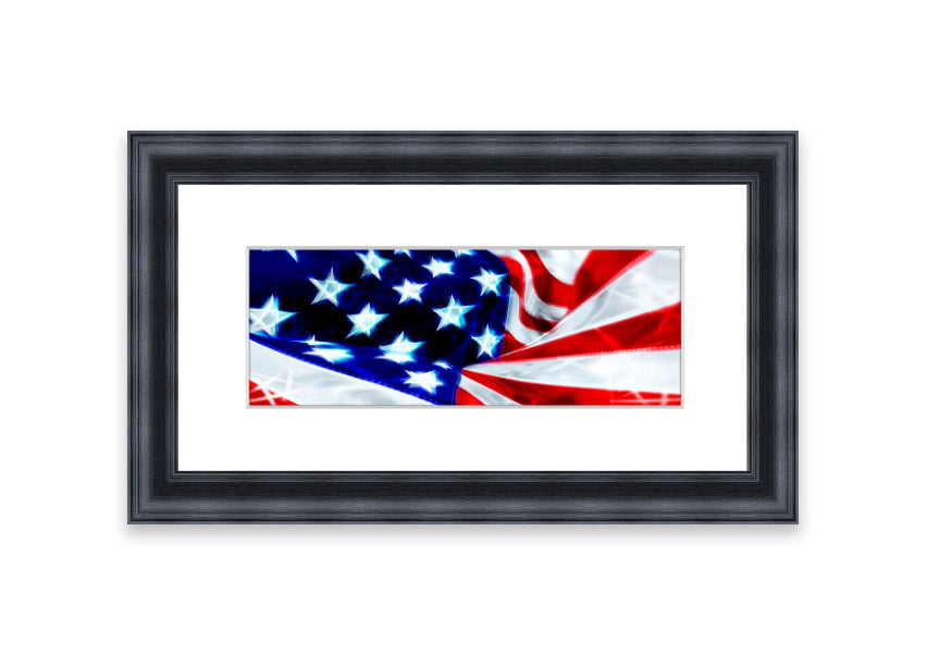 Framed print of the American Stars And Stripes flag, handmade in the UK, showcasing vibrant colors and available in various frame options.