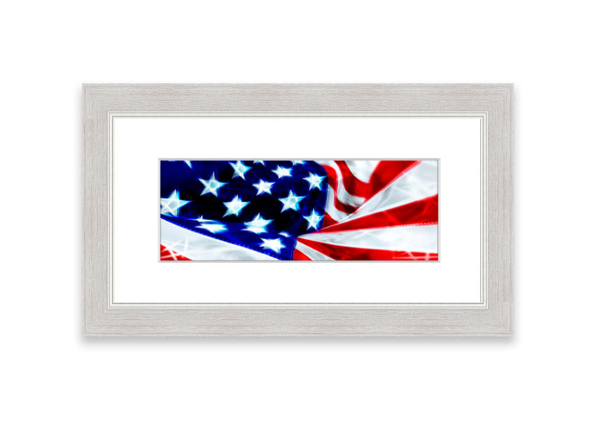 Framed print of the American Stars And Stripes flag, handmade in the UK, showcasing vibrant colors and available in various frame options.