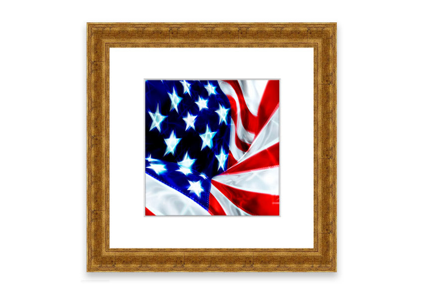 Framed print of the American Stars And Stripes flag, handmade in the UK, showcasing vibrant colors and available in various frame options.