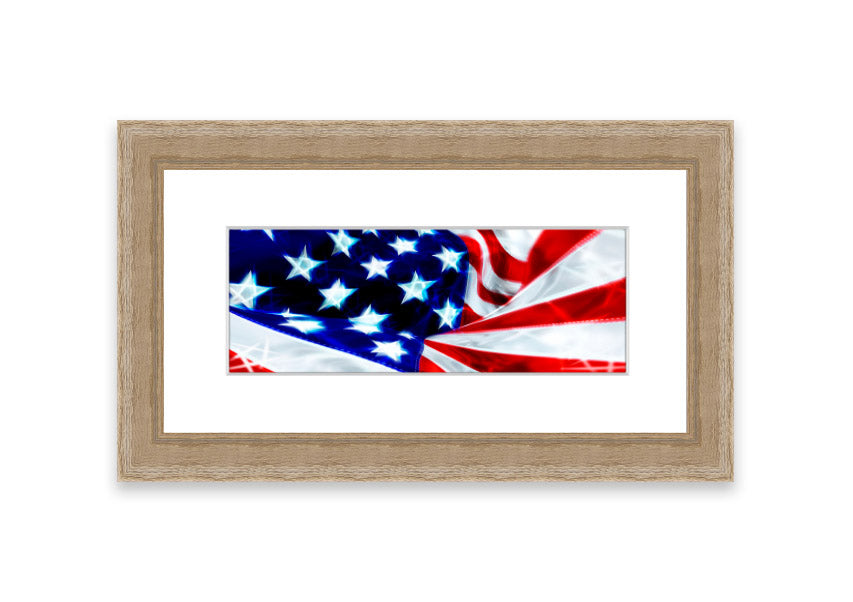 Framed print of the American Stars And Stripes flag, handmade in the UK, showcasing vibrant colors and available in various frame options.