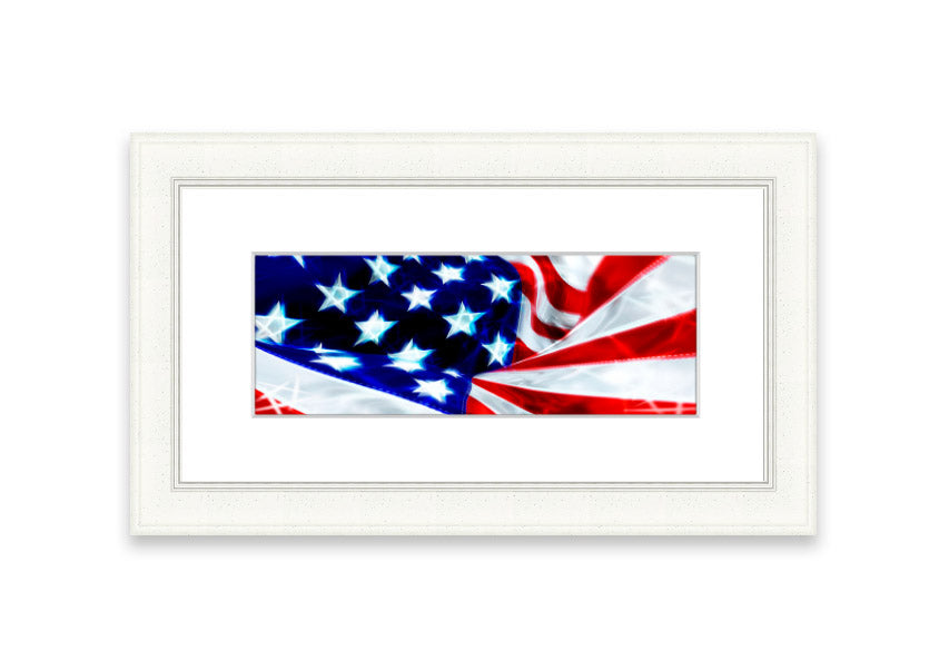 Framed print of the American Stars And Stripes flag, handmade in the UK, showcasing vibrant colors and available in various frame options.