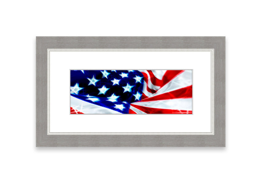 Framed print of the American Stars And Stripes flag, handmade in the UK, showcasing vibrant colors and available in various frame options.