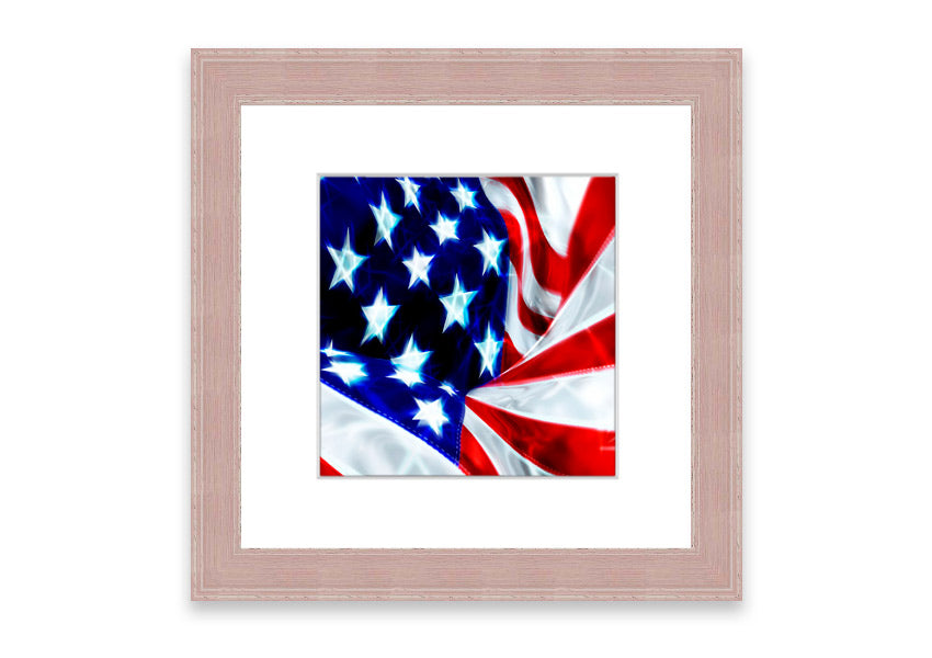 Framed print of the American Stars And Stripes flag, handmade in the UK, showcasing vibrant colors and available in various frame options.