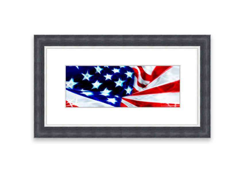 Framed print of the American Stars And Stripes flag, handmade in the UK, showcasing vibrant colors and available in various frame options.