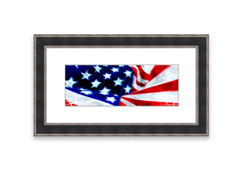 Framed print of the American Stars And Stripes flag, handmade in the UK, showcasing vibrant colors and available in various frame options.