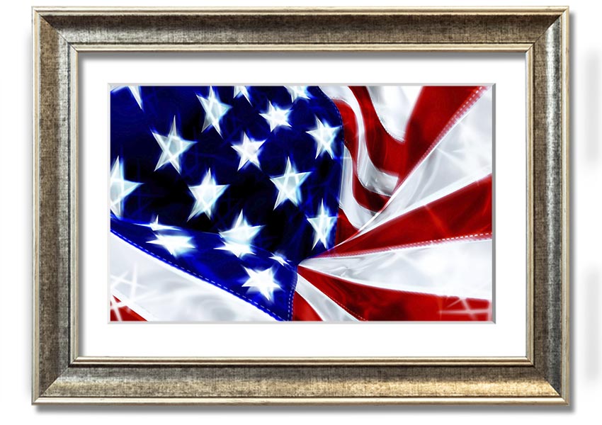 Framed print of the American Stars and Stripes flag, showcasing vibrant colors and quality craftsmanship.